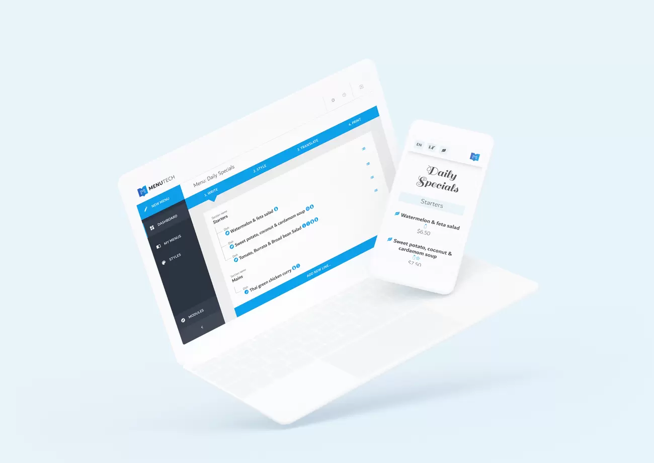 Menutech-Menü für Smartphones: Bearbeitung und Veröffentlichung